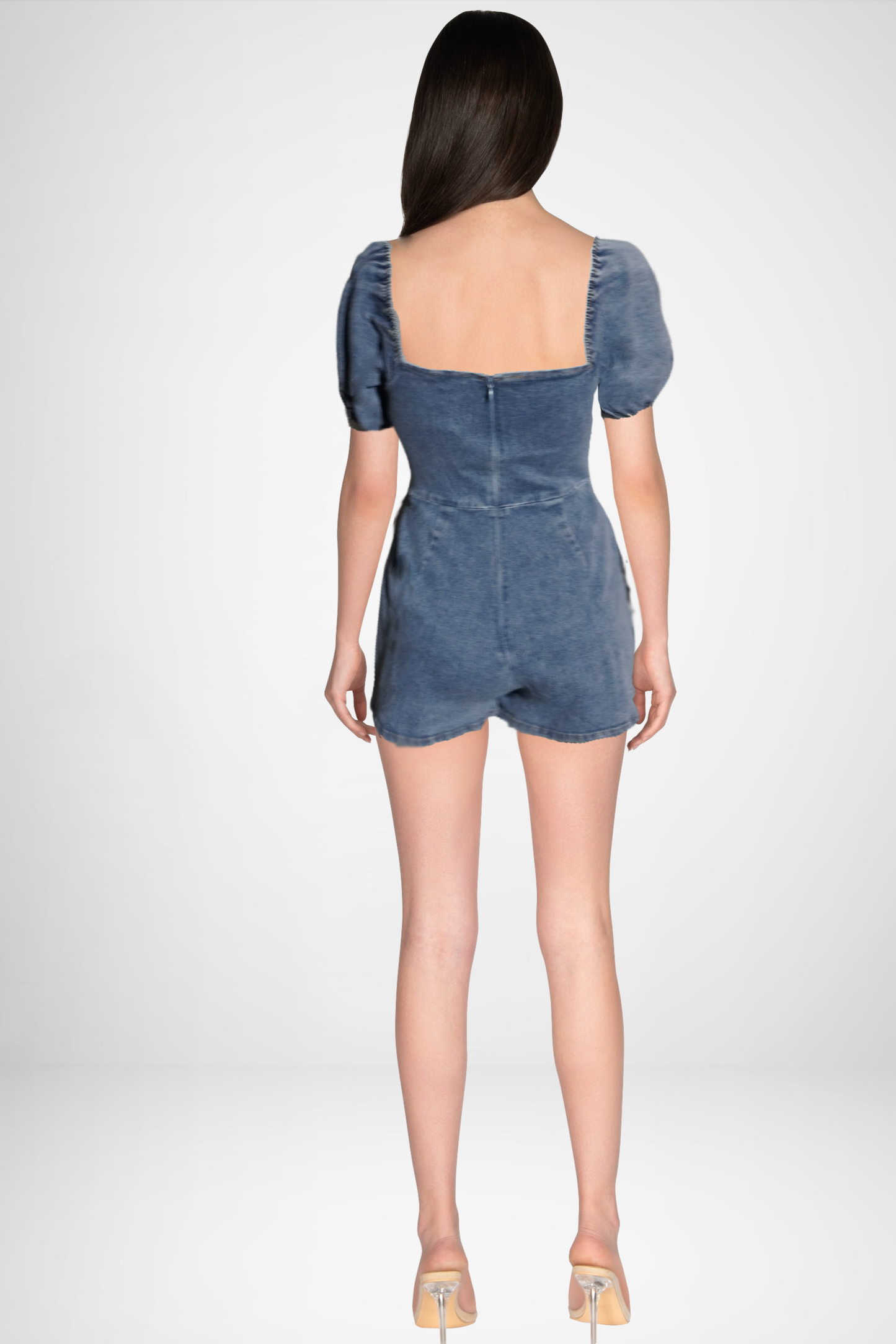 Puff-Sleeved Denim Romper