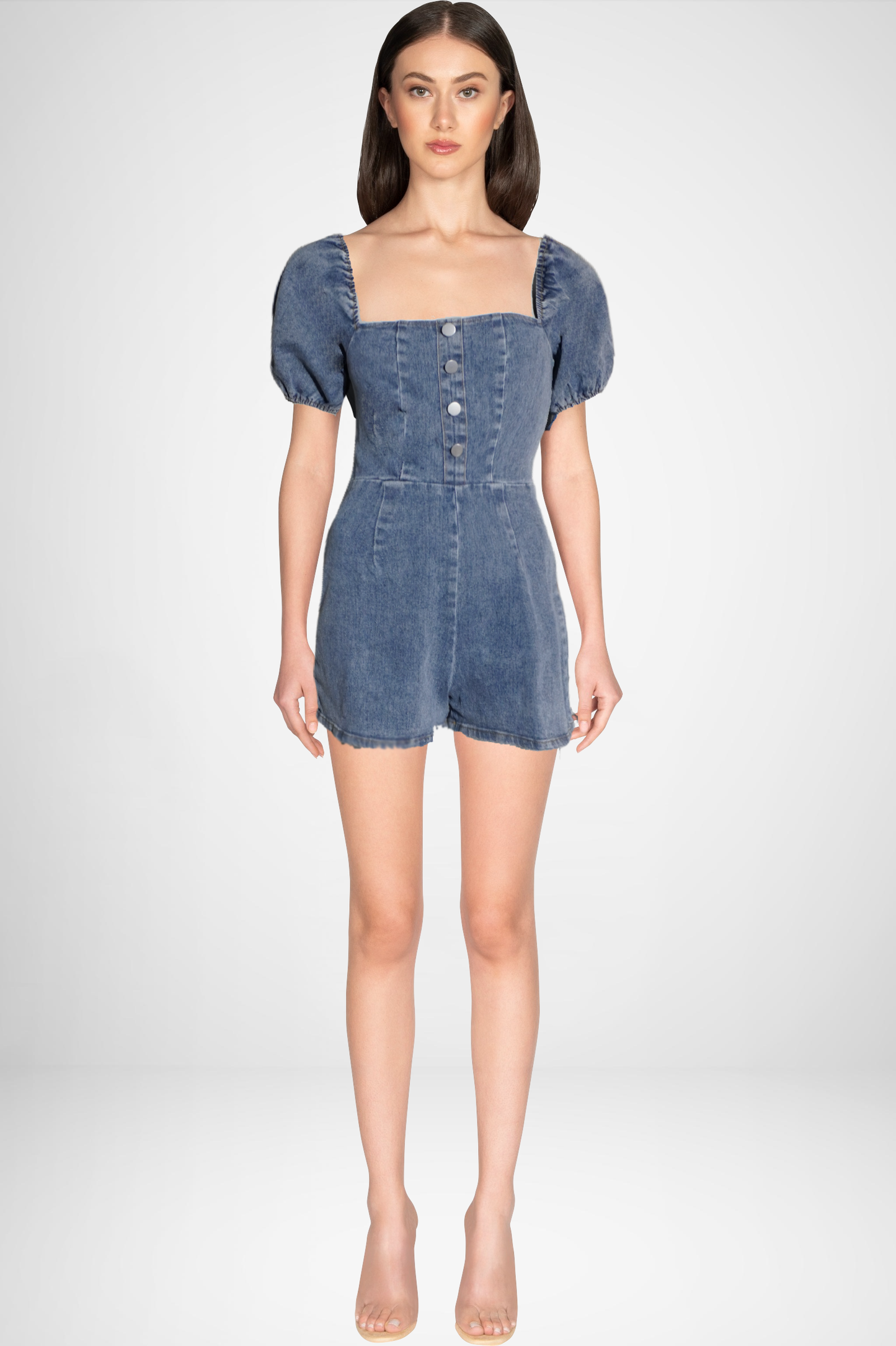 Puff-Sleeved Denim Romper