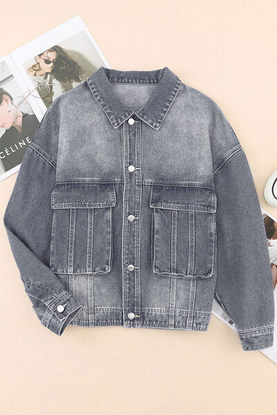 Charcoal Jean Jacket with a dropped shoulder and large front pockets. Also comes in colors blue jean and black.