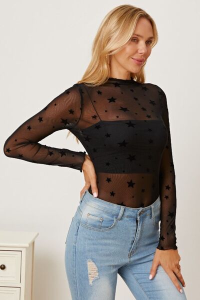 Star Pattern Mock Neck Long Sleeve Blouse