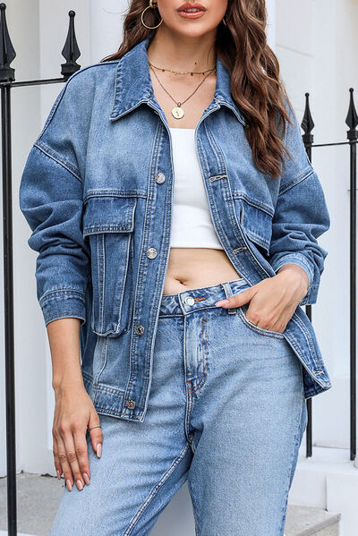 Blue Jean Jacket with a dropped shoulder and large front pockets. Also comes in colors black and charcoal.