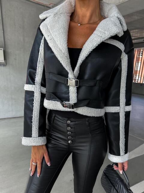 Collared Buckle Detail Jacket with faux fur