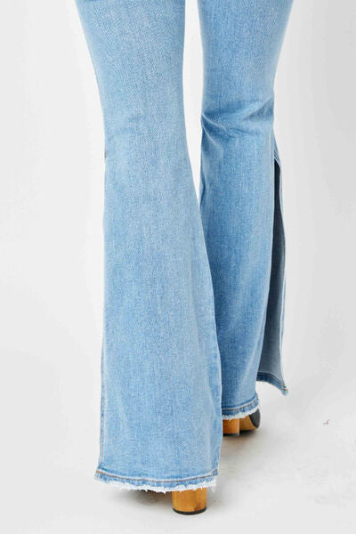 Mid Rise Raw Hem Slit Flare Jeans