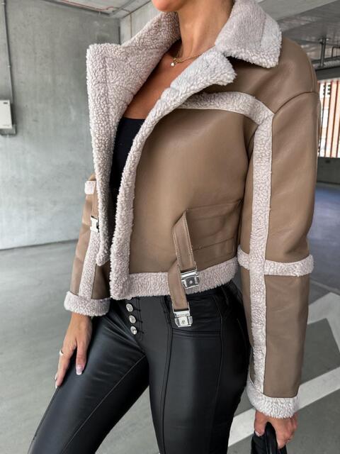 Collared Buckle Detail Jacket with faux fur