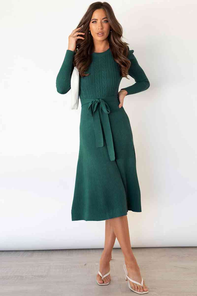 Round Neck Long Sleeve Tie Waist Sweater Dress