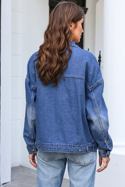 Blue Jean Jacket with a dropped shoulder and large front pockets. Also comes in colors black and charcoal.